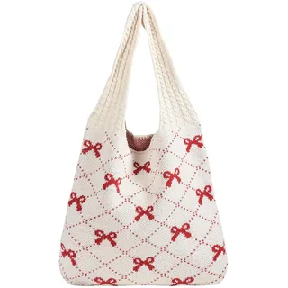 Strandtasche Umhängetasche, Damen Stricken Einkaufstasche, Leichte Stricken Tote Tasche, Beige Häkeltasche mit Rosa Schleifen, Strandtasche Damen, Gehäkelte Mesh Strand Tote für Reisen und Alltag