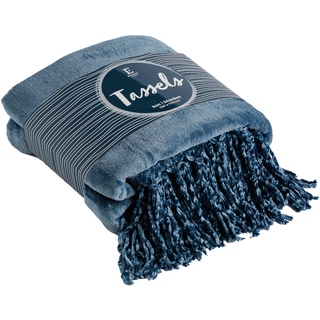 ESSEX - Kuscheldecke Tassels, 130 x 170 cm, Decke mit Quasten, 100% Polyester, Sofadecke - Blau