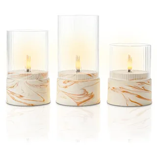 Fanna 3 flammenlose LED-Glaskerze mit Marmor-Optik in Cremeweiß und Braun, Glaswindlichter mit Timer für Weihnachten, Heimdekoration und Innenräume - H 10/12,5/15 cm