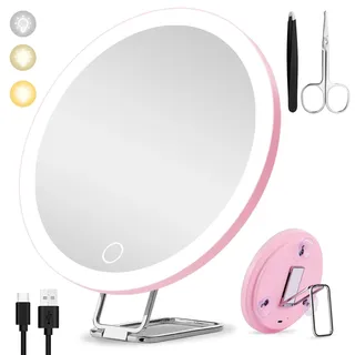 Suupvaor 20X Vergrößerungsspiegel mit Licht 20fach, 3 Farben dimmender beleuchteter Vergrößerungsspiegel 20x wiederaufladbar großer 15cm Makeup Spiegel mit Saugnäpfen und Tischständer