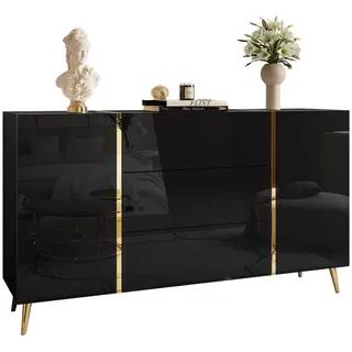Lookway Kommode MIT Schubladen Onyx AUF Goldenen Beinen Hochglanz 158 CM Push Open , Schwarz , Holzwerkstoff , 158x88x41.3 cm , Kleinmöbel, Kommoden, Sideboards