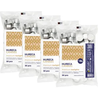 Horeca Candles - Teelichter 8 Stunden Brenndauer - Weiß - 200 Stück - Im Beutel - Aluhülle - Kerzen zum Feiern, Deko, Hochzeit, Gastro, Party - Unparfümiert - Premium Qualitä