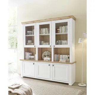 Buffet HOME AFFAIRE "Bristol, Bücherschrank im Landhausstil, moderner Hochschrank", pinie dekor, eiche wotan dekor, B:198cm H:206cm T:45cm, FSC-zertifizierter Holzwerkstoff, Schränke, Buffet, schwarze Metallgriffe, elegante Kranzoptik, ausreichend Stauraum