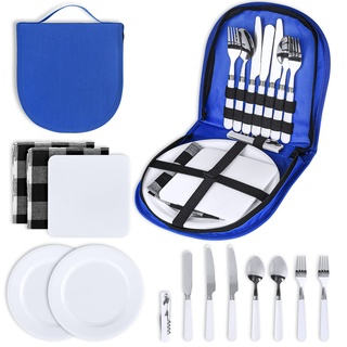 Camping Geschirr Set, Jessonly 13 Stück Edelstahl Besteckset mit Bestecktasche für Unterwegs & Outdoor, Reise Organizer Geschirr Zubehör, Camping Set für Reise Picknick