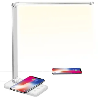 BIENSER Schreibtischlampe LED, 10W Wireless Charging, USB Ladefunktion, Bürolampe Tischlampe mit 10 Helligkeits X 5 Farbstufen Dimmbar, Memory Funktion, Sensible Kontrolle, 30/60 min Auto Timer, 20W