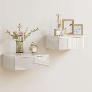 HOMCOM Nachttisch hängend 2er Set, schwebender Nachtschrank mit Schublade, Nachtkästchen Wandmontage modern Hochglanz-Nachtkommode für Schlafzimmer Wohnzimmer, 40 x 30 x 14 cm, Weiß