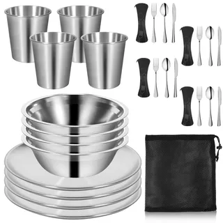 REDCAMP Campingbesteck Set 4 Personen, 29 Teiliges Outdoor Picknick Reisebesteck aus Edelstahl mit Etui Schüsseln Teller Tasse Messer Gabel Löffel, Camping Geschirr Set für Reisen Wandern