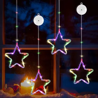 DazSpirit 4 Stück LED Sterne Weihnachtsbeleuchtung, 13 LEDs Fensterbeleuchtung Weihnachten mit Saugnäpfe, 8 Modi und Auto Timer, Batteriebetriebenes LED Weihnachtsdeko für Fenster, Balkon (Bunt)