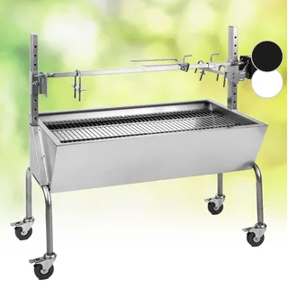 OneConcept 2-in-1 Rotisserie Grill mit Motor, Grill mit Drehspieß, Großer Spießgrill für Hähnchen & Spanferkel, Grill mit Motor, Spieß Grill mit Edelstahl-Rost, Großer Holzkohlegrill mit Bodenrollen - Silber