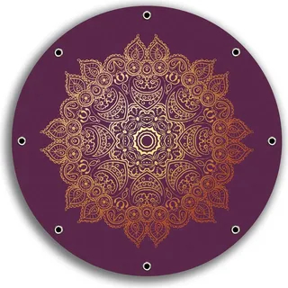 Wallario rundes Outdoor-Poster für Garten oder Balkon, Motiv goldenes Mandala auf violettem Hintergrund, 30 cm Durchmesser