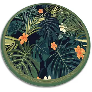 Tulup Vinyl Teppich Ø130 cm Tropische Blätter , Waldgrün , Kunststoff , Rund , 130x130 cm , Teppiche und Böden, Teppiche, Outdoorteppiche