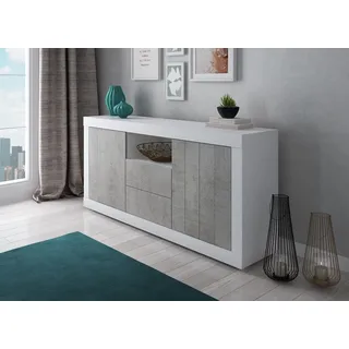 Dmora - Modernes Sideboard mit 2 Türen, Küchenbuffet, Sideboard mit Regalen, Wohnzimmermöbel TV-Ständer, cm 185x44h86, weiß und zementfarben
