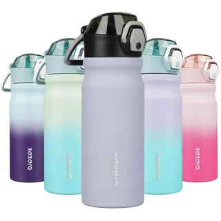 BJPKPK Wasserflasche mit Strohhalm, isoliert, wiederverwendbar, Edelstahl, Metall, mit auslaufsicherem, verschließbarem Deckel und Tragegriff, 530 ml, Eisberg