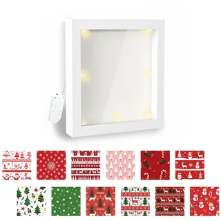 Yootiko 3D Bilderrahmen zum Befüllen,Led Bilderrahmen Tief 18x18 cm Beleuchteter Objektrahmen mit Licht,12pcs DIY Weihnachtsmuster,Weiß Rahmen für Objekte Andenken Blumen Foto Geschenk für Weihnachten