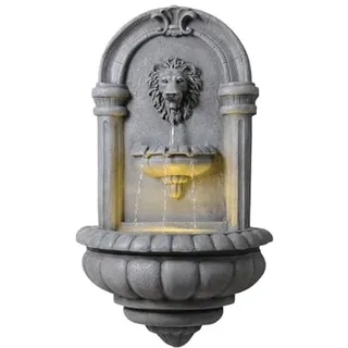 Teamson Home Löwenkopf Wandbrunnen Outdoor 81 cm mit Steinoptik, integrierter LED Beleuchtung und klassischem Design, Naturstein