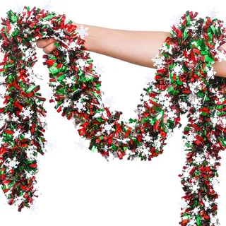 LATERN 10M Weihnachts Lametta Schneeflockengirlande, Rot Grün Dicke Metallic Girlande Klobiges Glitzerndes Lametta für Weihnachtsbaum Winter Hochzeit Geburtstag Feiertage Party Dekoration
