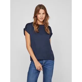 Kurzarmshirt VILA "VIELLETTE S/S SATIN TOP - NOOS", Damen, Gr. 36 (S), blau (navy blazer), Satin, Obermaterial: 100% Polyester, unifarben, regular fit normal, Rundhals, mit Umschlag, Shirts Kurzarmshirt, Kunstfaser, regular fit