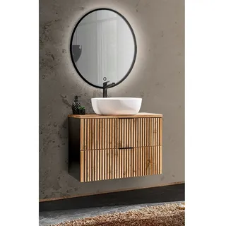 Waschplatz Set Gäste WC Waschtisch 81 cm XANTEN-56 in anthrazit mit Eiche Nb. Rillen schwarz, B/H/T: ca. 80,6/200/46,5 cm - Braun