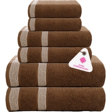 Casa Copenhagen Solitaire 6-teiliges Handtuch-Set – Braun, 600 g/m2. 2 Badetücher, 2 Handtücher, 2 Waschlappen aus weicher ägyptischer Baumwolle für Badezimmer, Küche und Dusche