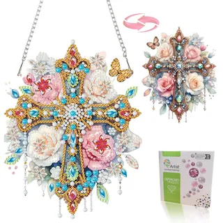 DIY Diamond Painting Fensterbilder Beidseitig Kreuz mit Blumen, 5D Diamant Malerei Türkranz Anhänger mit Kette, Diamond Painting Fensterbild Frühling Sommer Deko,für Erwachsene Anfänger Basteln Kits
