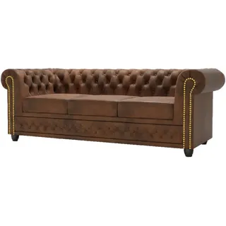 s-style möbel Chesterfield-Sofa Braun Textil, Echtholz,Birke, 3-sitzer Füllung: Silikon,Komfortschaum, 203x72x86 cm/ Hergestellt in Europa, Oeko-Tex®, Wohnzimmer, Sofas - Couches, Sofas, Chesterfield Sofas