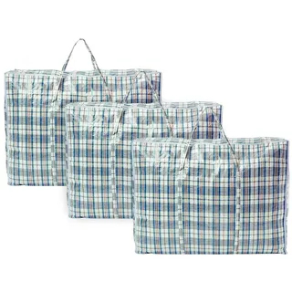 Zuvo Extra große Wäscheaufbewahrung, karierte Einkaufstaschen, 3 Stück, (60 x 50 x 25 cm), stark und langlebig, wasserdicht, Tragetasche mit Reißverschluss, Stoff-Aufbewahrungsgriff, wiederverwendbare