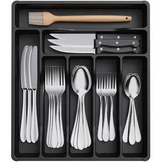 Lifewit kleiner Besteckkasten für Schubladen, 7 Fächern Besteck Organizer | 31 x 36 cm Schublade Organizer Küche, Besteckeinsatz Utensilienhalter aus Kunststoff für Löffe/Gabeln/Messer, Schwarz