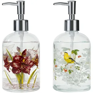 Topadorn Glas Seifenspender 2er Set 500 ml, Nachfüllbare Flüssigseifenspender mit Edelstahlpumpe, Vintage Blumen- & Vogelmotiv, Seifenspender für Küche, Bad, Lotion & Spülmittel, Landhaus Deko