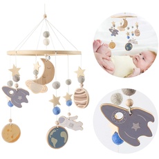 let's make Astronaut Holz Baby Mobile + filzkugeln, Beruhigende Bettglocke für Baby, Kinderzimmer und Babybett Rassel Dekoration, Neugeborenen Geschenk