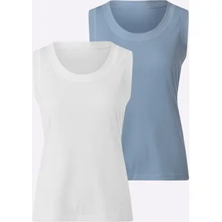 Shirttop HEINE, Damen, Gr. 48, blau (bleu, ecru), 65% Polyester, 35% Baumwolle, unifarben, Rundhals, Tops Shirttop