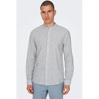 Langarmhemd ONLY & SONS "ONSCAIDEN LS MAO STRIPE LINEN SHIRT NOOS", Herren, Gr. S, N-Gr, blau (schwarz navy), Web, Obermaterial: 55% Baumwolle, 45% Leinen, gestreift, slim fit, Hemden Langarmhemd