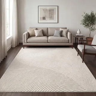 Paco Home Moderner Wohnzimmer Teppich Kurzflor Skandinavisch Japandi Stil Panglao Einfarbig Hoch-Tief-Effekt Abstraktes Muster 3D Effekt weicher Flor Creme - Wellen, Größe:200x280 cm