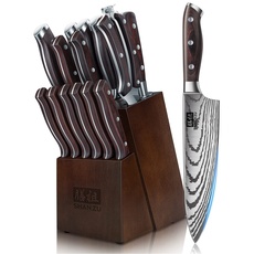SHAN ZU Messerset 16 teilig, Japanisches Küchenmesser Set mit Block, Ultrascharfes Messerset für die Küche mit Block, Professionelles Kochmesserset mit Schärfer
