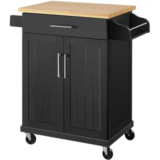 Yaheetech Bewegliche Kücheninseln Küchenwagen auf Rollen, Servierwagen mit Schublade und 3 Schrank, Arbeitsplatte aus Holz, Rollwagen 66 × 45,5 × 91,5 cm, Küchentrolley im Landhausstil, Schwarz
