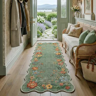 Beauoop Teppich Läufer Flur 60x180 cm Grün Waschbar Blumen Wellenrand | Vintage Kurzflor Weich Rutschfest Küchenteppich Bettvorleger Schlafzimmer Wohnzimmer Eingangsbereich Landhausstil Kitchen Rug