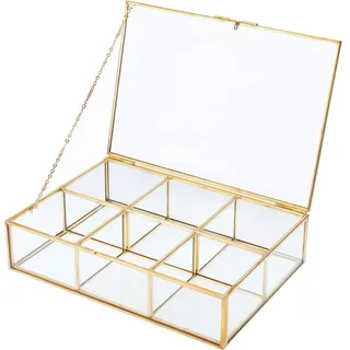 Homtone Schmuckkästchen Vintage Glasbox 6 Fächern, Goldene Messing Glasbox Bleifreie Klares Glas für Andenkenbox, Schmuck Organizer und Thekenaufsatz Kollektion Vitrine, 23x16x5.5cm