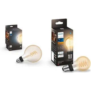 Philips Hue White E27 Filament G125 580 lm & White E27 Filament A60 550lm, warmweißes Licht, dimmbar, steuerbar via App, kompatibel mit Amazon Alexa (Echo, Echo Dot)