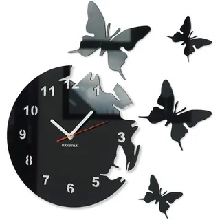 Moderne Wanduhr Schmetterlinge 3D – Leise Uhr Ohne Ticken, Wanddeko Wohnzimmer Schlafzimmer, Acryl Spiegel Wanduhr DIY, Große Design Uhr Flexistyle - Schwarz