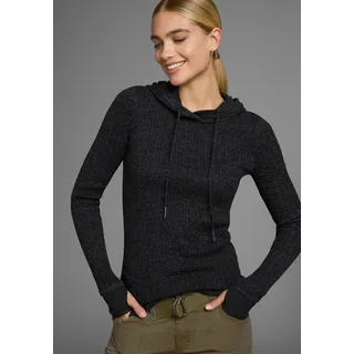 Kapuzenpullover KANGAROOS, Damen, Gr. 52/54, grau (schwarz, anthrazit, meliert), Rippstrick, Obermaterial: 50% Baumwolle, 50% Polyacryl, kontrastfarbene Details, meliert, figurbetont hüftbedeckend, Rippbündchen mit Daumenlöchern, Pullover Kapuzenpullover, im feinen Zopf-Strick-Design, Topseller