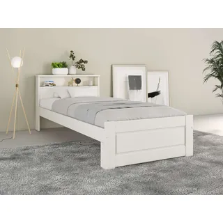 OTTO home Massivholzbett »FLAVION, TOPSELLER! Jugendbett, FSC® zertifizierte massive Kiefer« Breite: 90, 140, 180, Qualitätsprodukt, Regal, Kassettenoptik, Schublade optional, weiß