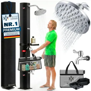 KESSER® Solardusche 40- 60 Liter Solar Gartendusche | warmes Wasser | max. 60°C | Inkl. Metall-Duschablage & Schutzhaube | Pooldusche Camping| Regenduschkopf und Wasserhahn Gartenschlauch-Anschluss - Schwarz