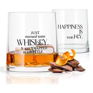 Whiskey Gläser Set - 2er Geschenkset mit typischen Sprüchen - Handmade - 2x350 ml - inkl. Rezepte - Geschenkverpackung - Whisky Geschenk für Männer