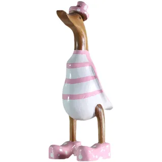 ART-CRAFT Holz Ente Lauf Ente Gartendeko Figur aus Bambus Wurzel und Teak Holz Geringelt pink handbemalt 25cm hoch