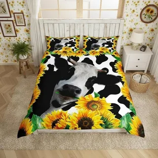 Bettwäsche-Set Kuh Milchkuh Sonnenblumen Kinder Mädchen 135x200 cm Mehrfarbig Mikrofaser