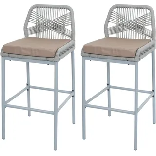 Mendler 2er-Set Rope-Barhocker HWC-O21, Outdoor Sitzpolster Seilgeflecht Metall ~ hellgrau, Kissen taupe