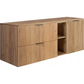 Rodan | Badezimmerschränke 140cm | Braun Matt - Holz | B/H/T 140/57/46 cm | Geriffelte Türen - Braune Platte - Badmöbel - Badschrank - Bücherregal - Braun