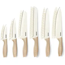 CAROTE Messerset 12-tlg mit Klingenschutz, Granit Antihaft-Keramikbeschichtung, Edelstahlklinge, Holzgriff, Unverzichtbares Messerset