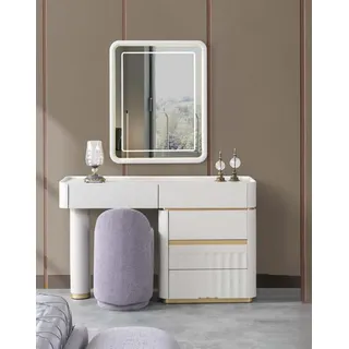 Pouf Schminktisch mit Spiegel Luxus Schlafzimmer Komplett Weiß Lila Gold - Weiß