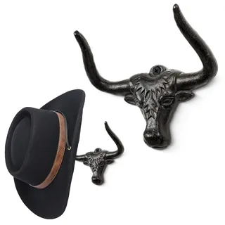 Filano, rustikaler Cowboy-Wand-Huthalter im Langhorn-Stil, Gusseisen, Wanddekoration, Huthaken für Aufbewahrung, Garderobe, Schlaf- und Wohnzimmer, rostfarben, Geschenk im Western-Stil, 2er Pack