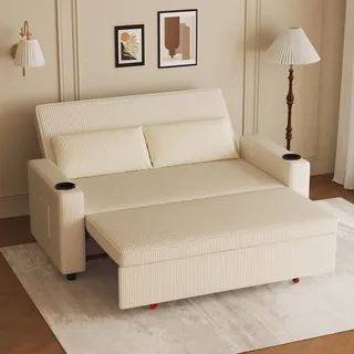JUMMICO Schlafsofa 2 Sitzer klein Sofa mit Schlaffunktion Schlafcouch Ausziehbar mit Kissen Couch Cord-Bezug mit Getränkehalter Klappsofa Für Wohnzimmer Schlafzimmer,75 x 160 x 93 cm,Beige